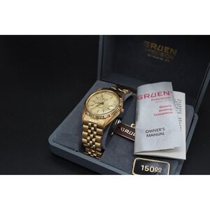 NOS Gruen Precision Quartz Day Date 36mm Box Papers Gold Tone Runs